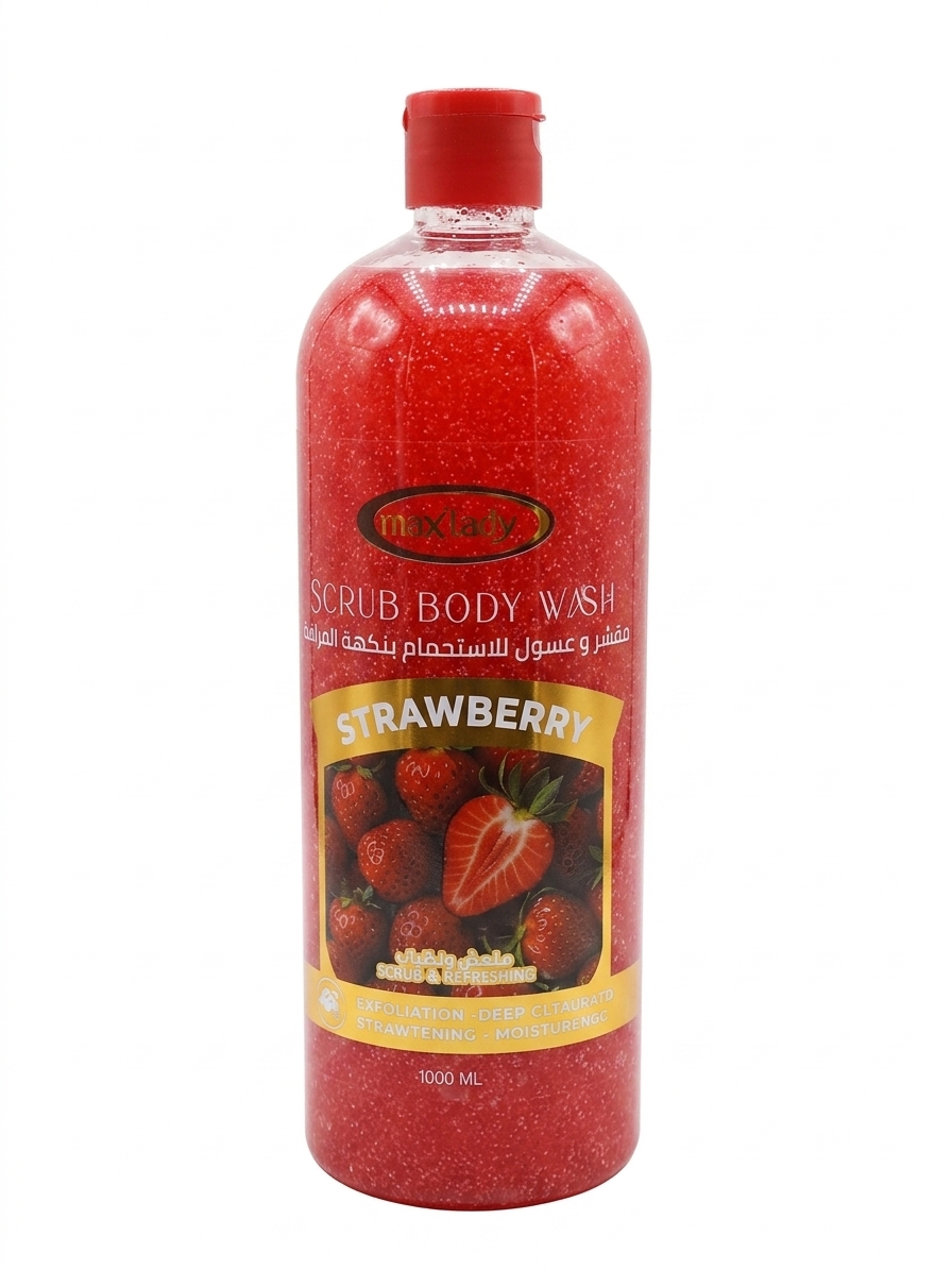 شامپو بدن لایه‌بردار مکس لیدی با عصاره توت‌فرنگی (Max Lady Scrub Body Wash - Strawberry)حجم: ۱۰۰۰ میلی‌لیتر (۱ لیتر)