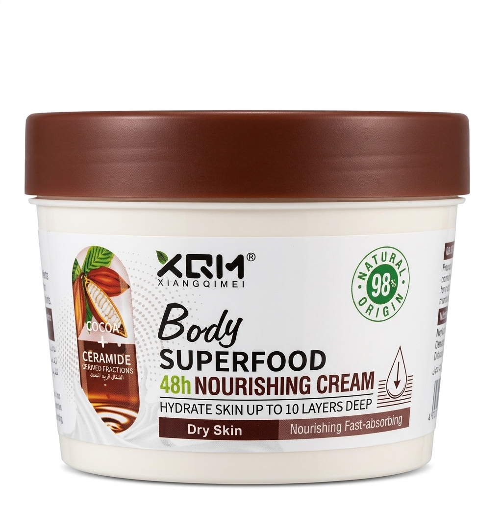 کرم مغذی بدن ژیانوگیمی (XQM) مدل Body Superfood حاوی عصاره کاکائو و سرامید