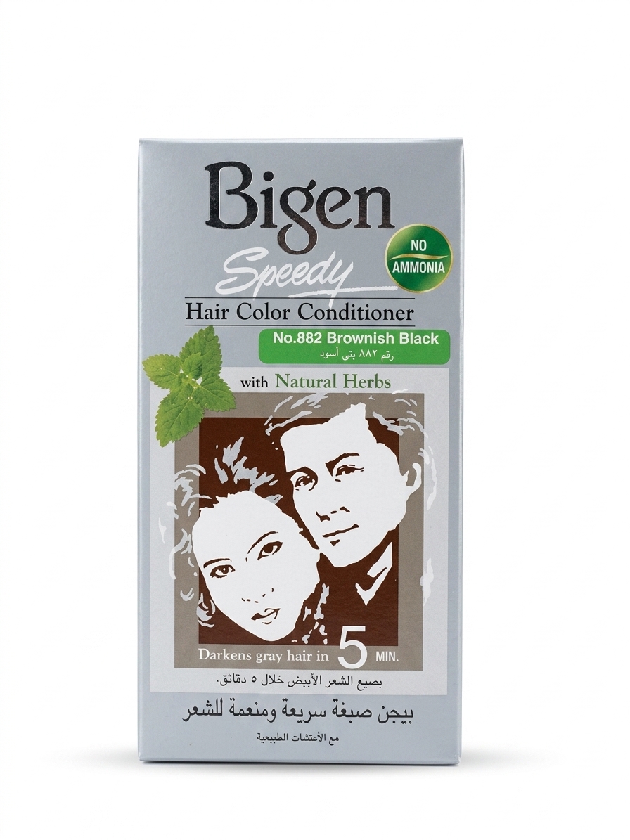 کیت رنگ مو و نرم‌کننده سریع بیژن (Bigen Speedy) شماره 882 رنگ مشکی قهوه‌ای (Brownish Black) بدون آمونیاک ‌
