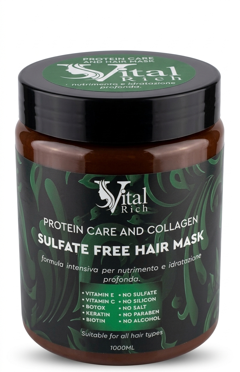 ماسک مو بدون سولفات ویتال ریچ مدل Protein Care And Collagen حجم 1000 میلی لیتر قهوه ای