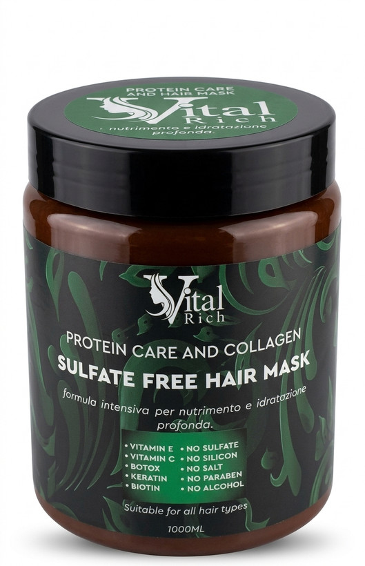 ماسک مو بدون سولفات ویتال ریچ مدل Protein Care And Collagen حجم 1000 میلی لیتر قهوه ای