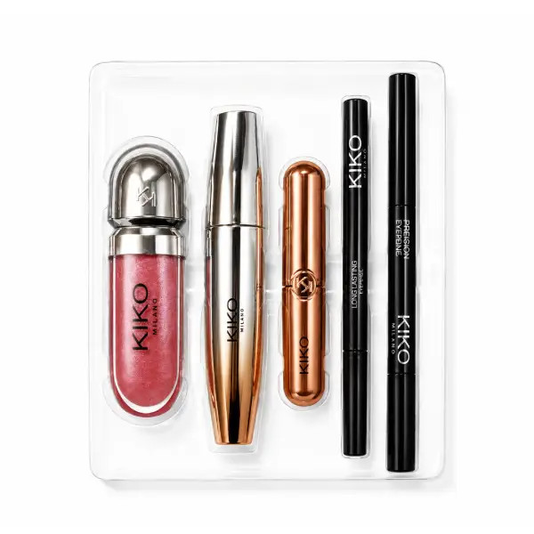 ست کامل آرایشی ۵ تکه برند KIKO (Kiko Milano) - شامل ریمل، برق لب، مداد ابرو و خط چشم