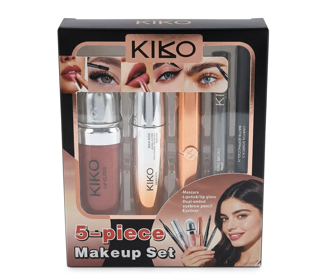 ست کامل آرایشی ۵ تکه برند KIKO (Kiko Milano) - شامل ریمل، برق لب، مداد ابرو و خط چشم