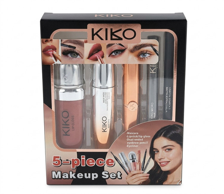 ست کامل آرایشی ۵ تکه برند KIKO (Kiko Milano) - شامل ریمل، برق لب، مداد ابرو و خط چشم